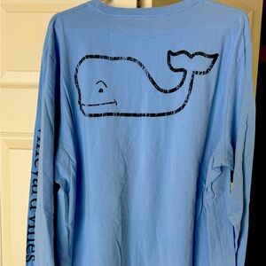 Vineyard Vines baby blue long sleeve shirt with navy blue whale decal